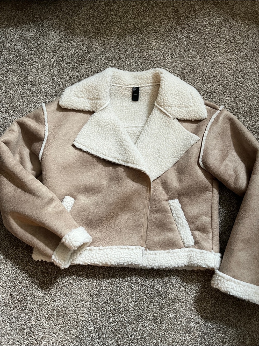 Cider Cropped Teddy Aviator Jacket in Beige with White Sherpa
